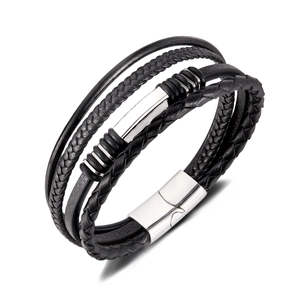 Men's multilayer braided leather bracelet with silver stainless steel magnetic clasp