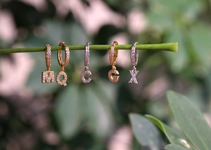 Macro shot of gold and silver alphabet letter earrings with zircons on a green plant branch