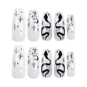 Starry snake pattern press-on nails with rhinestones and long ballerina shape