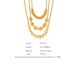 Detail of layered titanium steel gold necklace showing heavy chain and wave design
