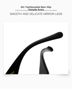 Detail of smooth black ergonomic sunglasses temples with anti-slip design and glossy finish