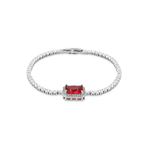 Luxurious silver tennis bracelet featuring rectangular red zircon and pavé crystal accents