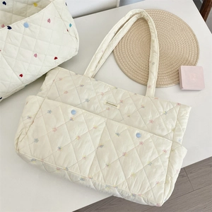 Detailed close-up of a quilted floral tote bag featuring heart embroidery and blue snap pockets