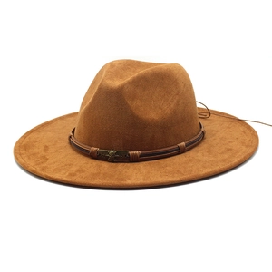 Brown wide brim faux suede fedora hat with skull metal ornament and woven band