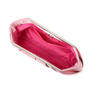 Detailed interior of the pink pleated satin evening clutch with silver metal clasp