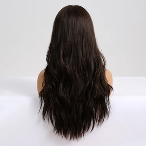 Back view of long wavy dark brown wig with natural volume on mannequin head