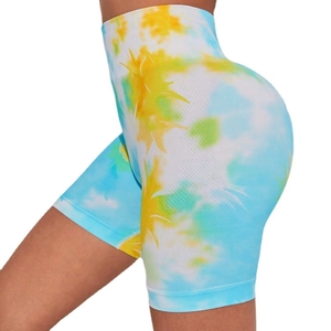 Pantaloncini yoga tie-dye a vita alta senza cuciture con controllo pancia ed effetto push-up