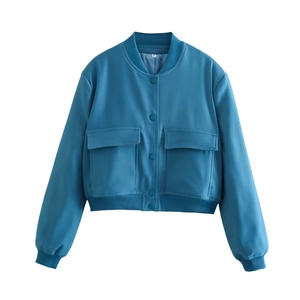 Giacca bomber corta blu pavone con colletto a costine e tasche grandi taglia S