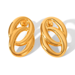 Polished stainless steel interlocking oval hoop earrings with gold finish on white background