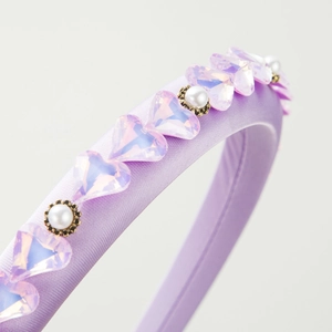 Light purple satin headband with iridescent crystal hearts and white faux pearls