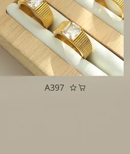 Detailed view of gold plated ribbed rings featuring square cut white zircon stones