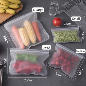 Multiple sizes of reusable EVA food storage bags containing fresh vegetables and fruits