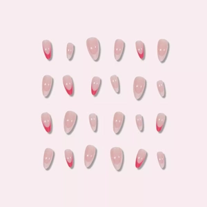 Almond-shaped French manicured fake nails in nude pink with vibrant hot pink tips
