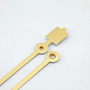 Brushed gold metal clock hands with precision mounting holes and a modern minimalist design