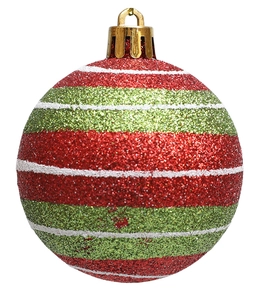 Close-up of a 6cm green and red striped Christmas ball with glitter finish and gold cap
