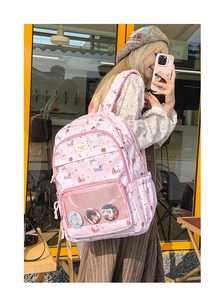 Detail of pink nylon school backpack with transparent window and cute dog illustration