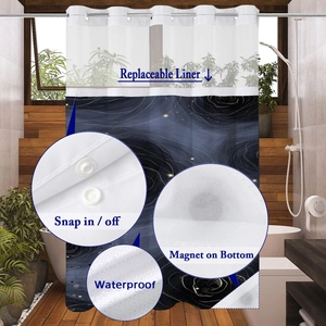 Detail of waterproof shower curtain with snap-in liner and magnetic weighted bottom