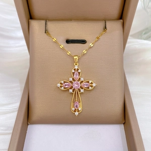 Cross Pendant Necklace Gold Plated Stainless Steel Copper Pink White Zircon Elegant Luxury Jewelry For Women