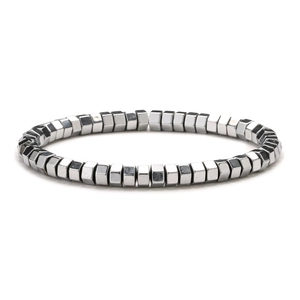 Men's minimalist industrial style 8mm magnetic hematite cube beaded bracelet in silver grey