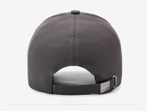 Rear view of grey cotton baseball cap with adjustable metal buckle and strap detail