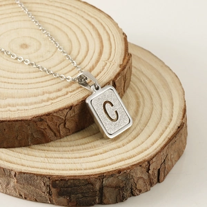 Collana in acciaio inossidabile argento con ciondolo rettangolare opaco e lettera C