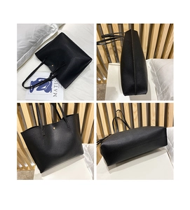 Detailed views of black pebbled faux leather tote bag showing 360-degree angles and storage