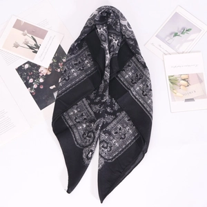 70cm vintage paisley cotton linen square scarf with classic black and white baroque patterns