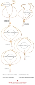 Detailed chart showing gold body chains with pearls, shells and sun charms including dimensions