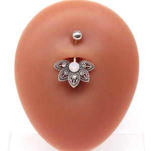 Silver fan-shaped belly button ring with white opal and small sparkling crystal petals