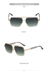 Front and side views of gold aviator sunglasses with gray-green gradient lenses
