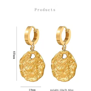 Golden stainless steel earrings with hammered texture and irregular circle pendants