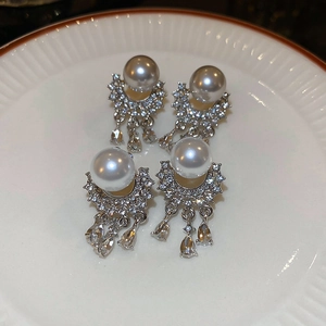 Elegant pearl earrings with silver rhinestone tassels and water drop pendants set of four