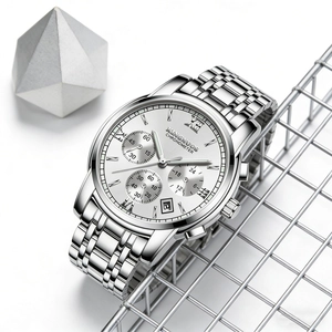 Macro shot of the silver stainless steel men's watch featuring a detailed chronograph dial