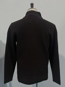 Detailed back view of men's slim fit waffle knit cardigan with a textured stand collar