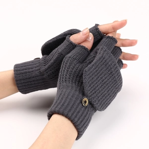 Detail of dark grey knitted flip-top gloves showing fingerless design and button fastener