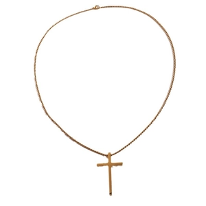 Minimalist gold stainless steel cross necklace with a polished box chain on white background
