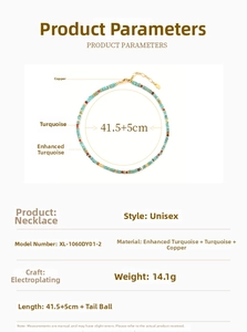 Detailed chart showing natural turquoise and pearl necklace dimensions 41.5cm plus 5cm extender