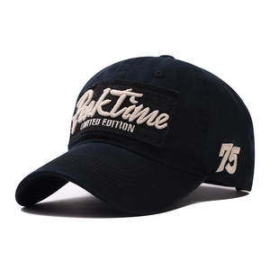 Detailed embroidery of ParkTime logo and vintage lettering on navy cotton baseball cap