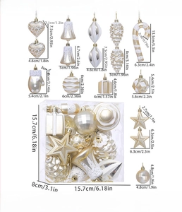 Detailed view of 16 champagne plastic Christmas ornaments with sizes and PVC packaging