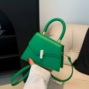 Green trapezoid PU leather handbag with gold hardware and top handle for women
