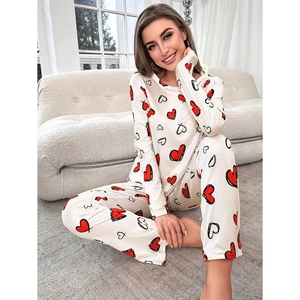Women Pajama Top And Pants Heart Print Long Sleeve Round Neck Polyester Spandex Home Sleepwear Loungewear Casual