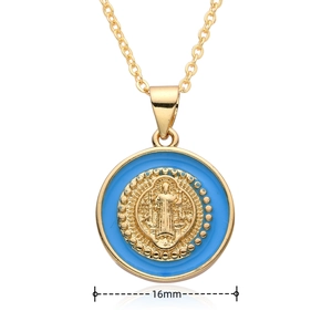 Detailed 16mm round religious Virgin Mary pendant with blue enamel and gold finish