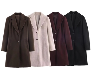 Flat lay detail showing stacked wool coats in dark coffee, apricot, wine red, and black colors