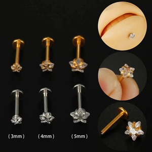 316L Stainless Steel Star Cubic Zirconia Labret Stud Internal Thread Lip Ring Ear Cartilage Piercing Jewelry Gold Silver