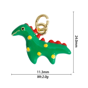 Green dinosaur pendant with enamel finish and size dimensions 24.0mm by 11.3mm