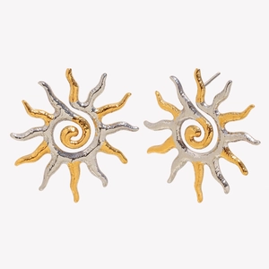 Two-tone geometric sun stud earrings in 18K gold plated stainless steel