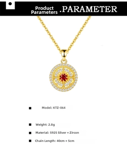 Macro detail of round 18k gold plated S925 silver necklace with ruby and cubic zirconia