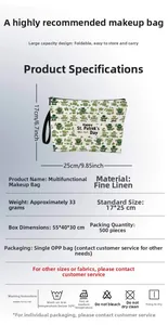 Detailed view of St. Patrick's Day linen makeup bag showing 17x25cm dimensions and specs
