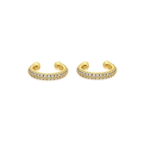 Close-up of 24K gold-plated C-shaped earrings with double-row inlaid zircons