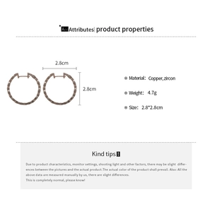 Detailed size specifications for geometric zircon copper hoop earrings showing 2.8cm diameter
